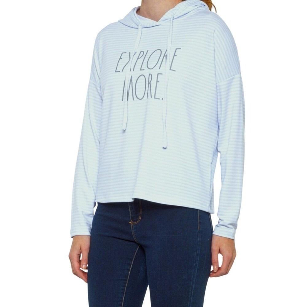 Rae Dunn Hoodie Sweatshirt Pullover Womens XL Top Stripe Long Sleeve Blue White - Picture 2 of 16